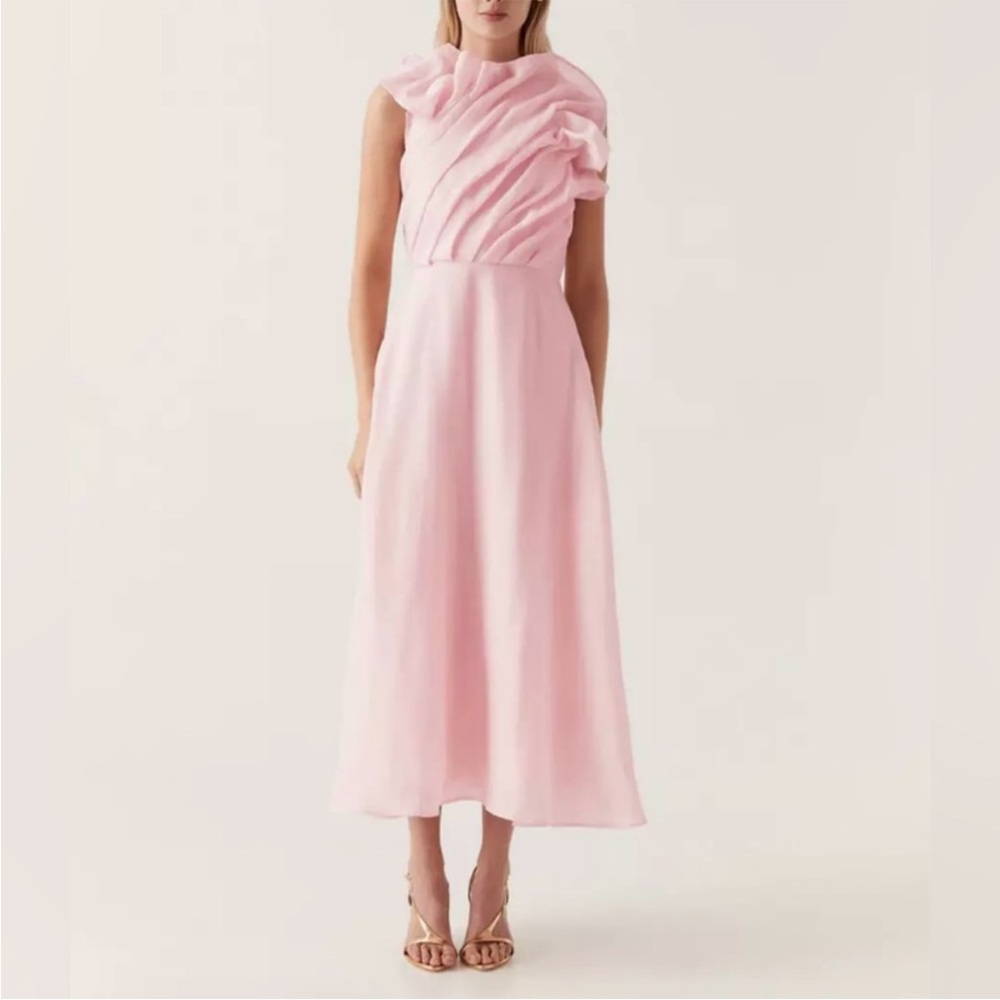 Aje Pink Asymmetrical Flutter Sleeve Midi Gown